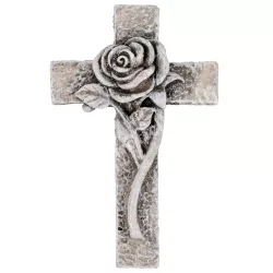 Polyresin kereszt rózsával, szürke, 5x7,5 cm