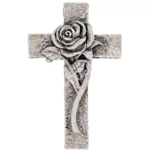Polyresin kereszt rózsával, szürke, 5x7,5 cm