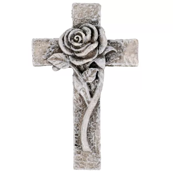 Polyresin kereszt rózsával, szürke, 5x7,5 cm