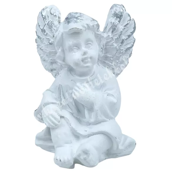 Polyresin angyal, ülő, fehér-ezüst, 3x4 cm