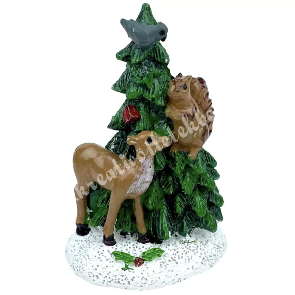 Polyresin őzike fenyőfával és mókussal, 5x7,5 cm