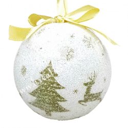   Karácsonyfa gömb, fenyőfával, rénszarvassal, cukros, fehér, 7 cm 
