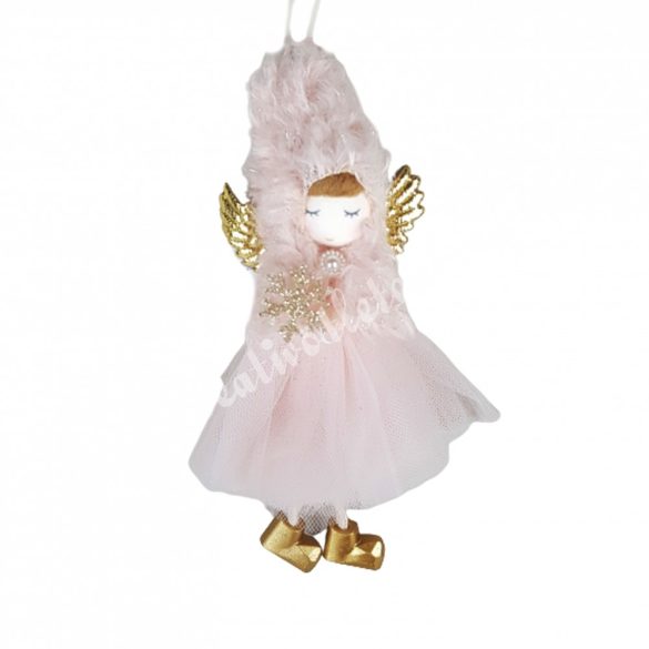 Akasztós textil angyal, rózsaszín tüll szoknyában, 8x18 cm