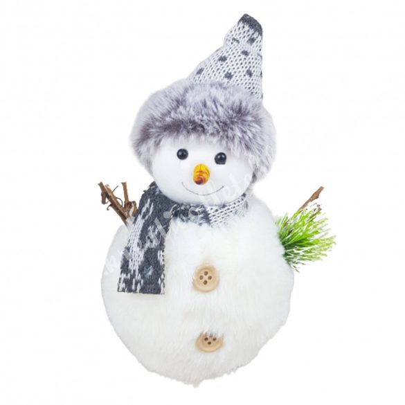 Szőrmés hóember, szürke sapkában, 12x18 cm