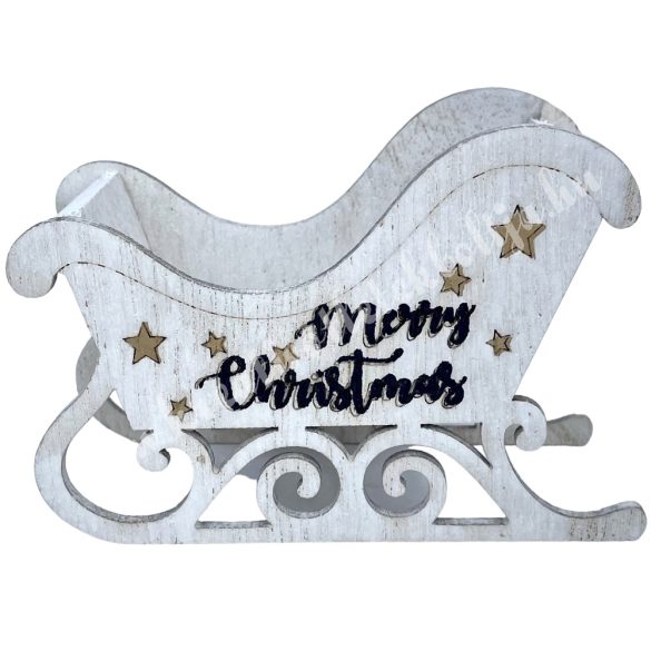 Fa szánkó Merry Christmas felirattal, fehér, 11x7,5 cm
