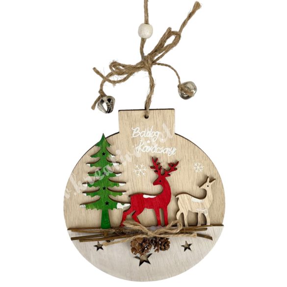 Akasztós dísz, karácsonyfa gömb szarvasokkal, 12x14 cm