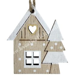 Akasztós fa házikó, fenyővel, 5x5,5 cm