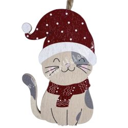 Akasztós fa cica, pöttyös sapkában, 4,5x7 cm