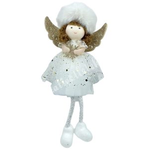 Lógó lábú textil angyal, fehér-arany, 10x18 cm