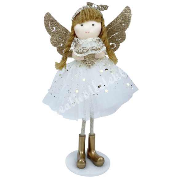 Textil angyal szívvel, fehér-arany, 9x17 cm