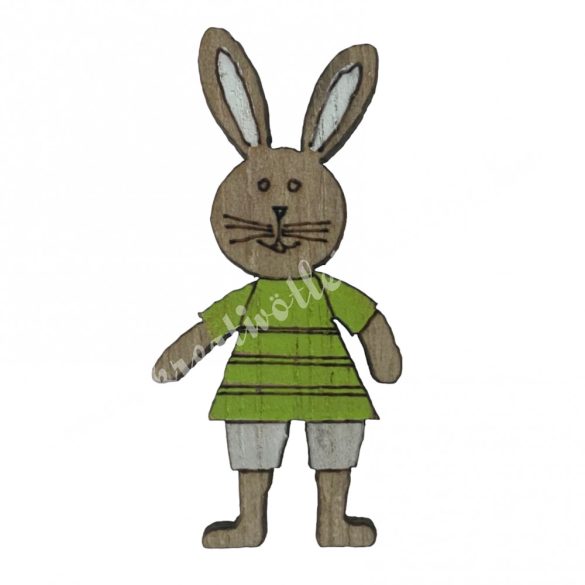 Ragasztható fa nyuszi fiú zöld ruhában, 2x3,8 cm