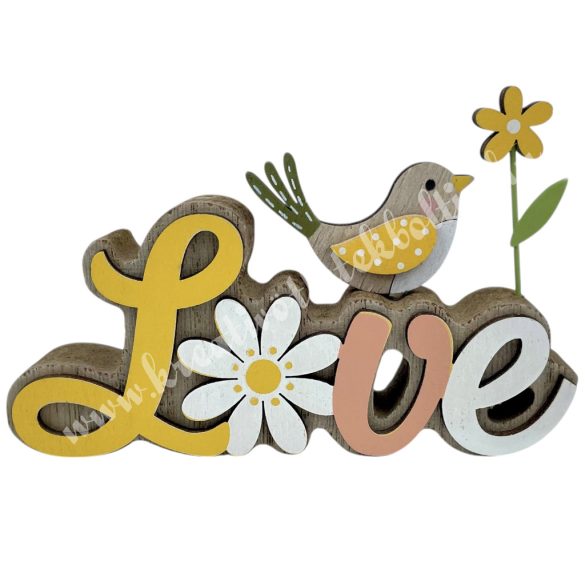 Fa love felirat madárral, virággal, 12x7,5 cm