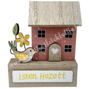 Fa házikó madárral, Isten hozott felirattal, 7x8,5 cm