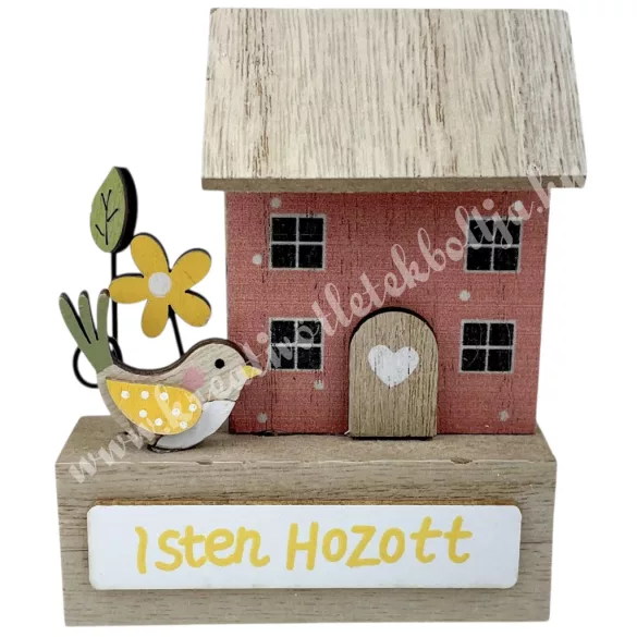 Fa házikó madárral, Isten hozott felirattal, 7x8,5 cm