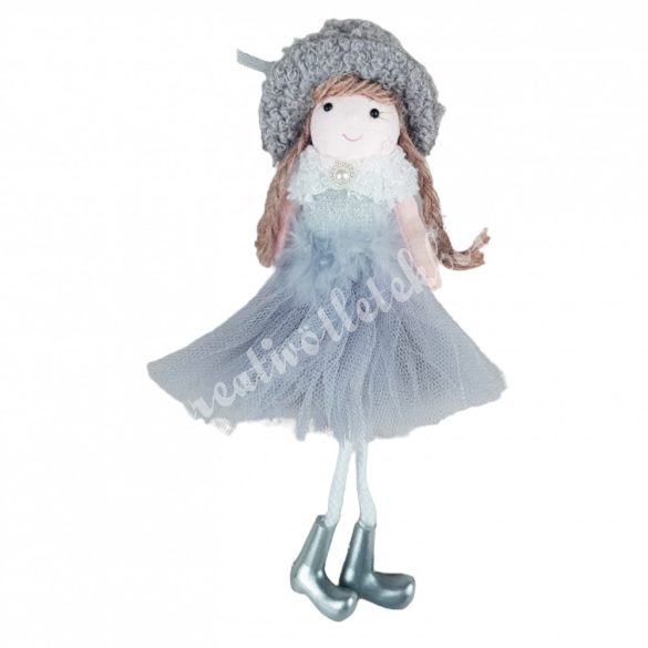 Akasztós textil kislány, szürke tüll szoknyában, 8x20 cm