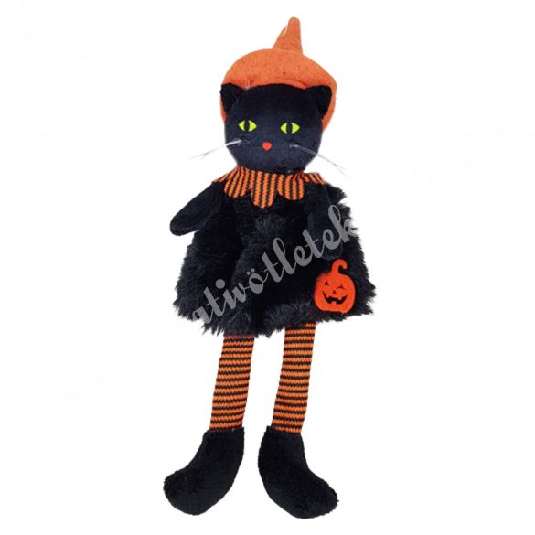 Akasztós fekete macska, halloween kalapban, 7x21 cm