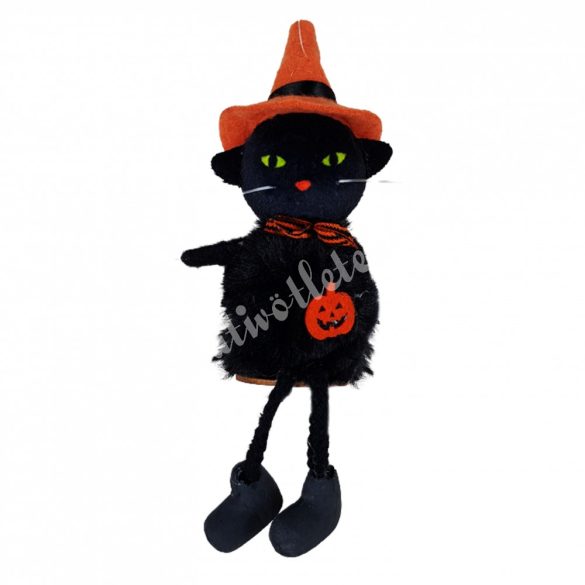 Akasztós fekete macska, halloween kalapban, 6x18 cm