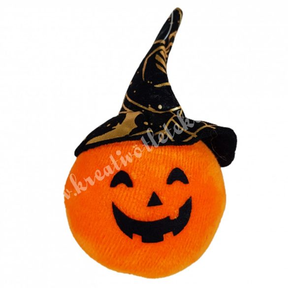 Akasztós halloween tök, arany-fekete kalapban, 6x11 cm