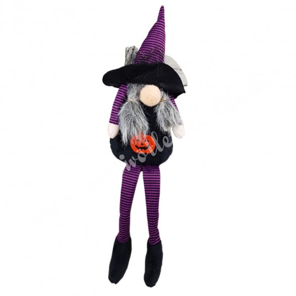 Lógó lábú manó boszi lila-fekete kalapban, tökkel, 10x36 cm