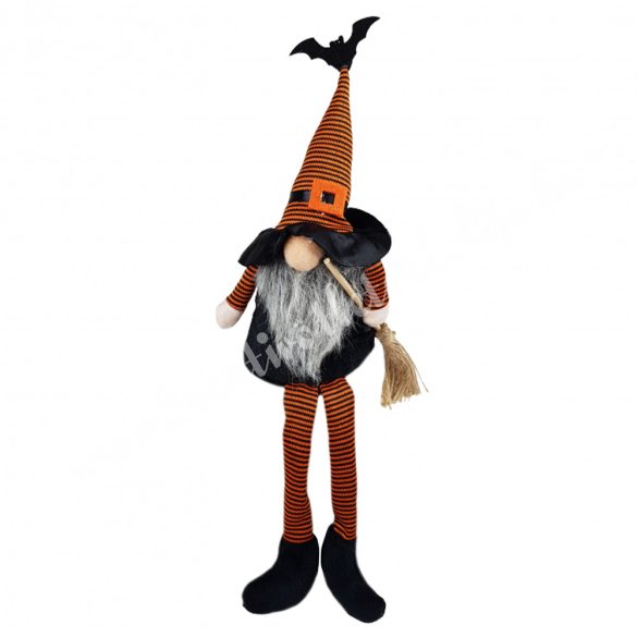 Lógó lábú manó boszi narancs-fekete kalapban, denevérrel, 10x36 cm