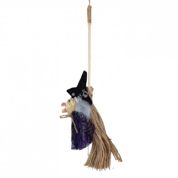 Akasztós boszi seprűvel, lila tüll szoknyában, 6x27 cm