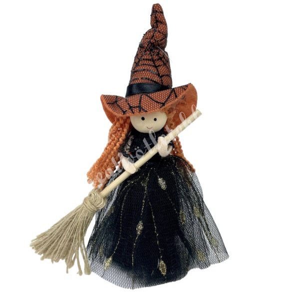 Akasztós boszi seprűvel, narancs kalapban, 11x17 cm