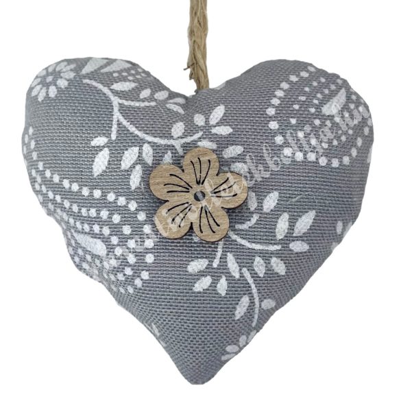 Akasztós textil szív virággal, szürke, 6x5,5 cm