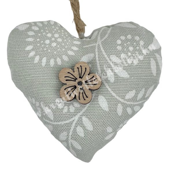 Akasztós textil szív virággal, vintage zöld, 6x5,5 cm