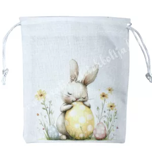 Textil szütyő nyuszival, törtfehér, 14x17 cm