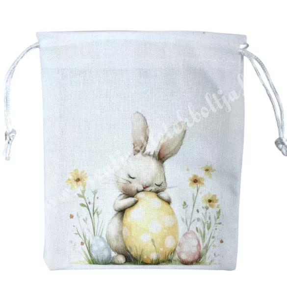 Textil szütyő nyuszival, törtfehér, 14x17 cm
