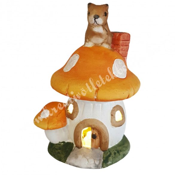 Kerámia gombaház mókussal, led világítással, 10,5x16 cm