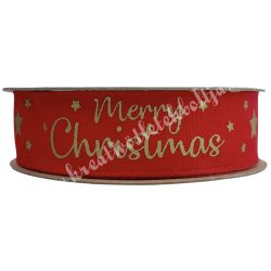   Karácsonyi szalag, Merry christmas felirattal, piros, 2,5 cm (190)