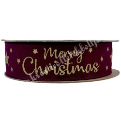   Karácsonyi szalag, Merry christmas felirattal, bordó, 2,5 cm (191)
