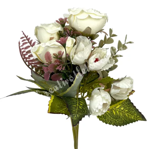 Rózsacsokor páfránnyal, törtfehér, 30 cm
