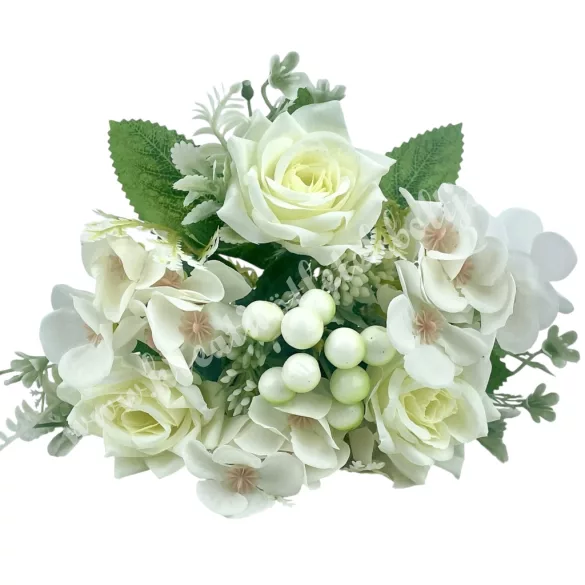 Rózsa-hortenzia csokor, fehér, 30 cm