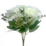 Rózsa-hortenzia csokor, fehér, 30 cm
