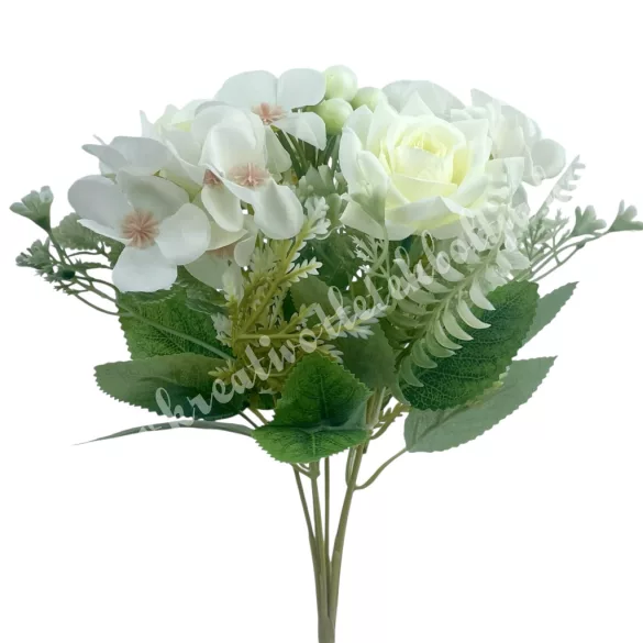 Rózsa-hortenzia csokor, fehér, 30 cm