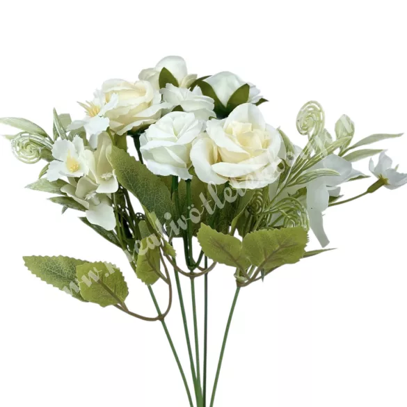 Rózsa-hortenzia csokor, fehér-krém, 32 cm