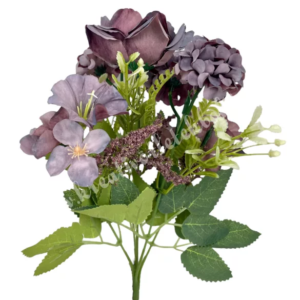 Rózsa-hortenzia csokor, antik lila, 30 cm