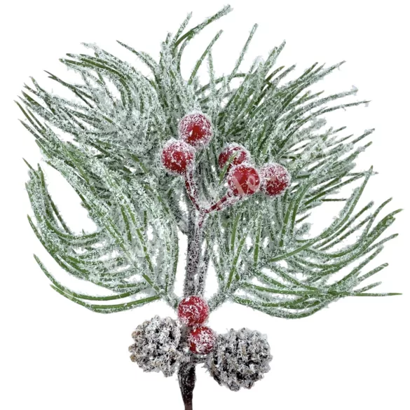 Havas fenyőág bogyóval és tobozzal, 28 cm
