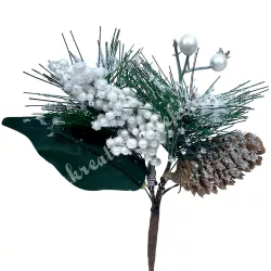 Bogyós ág tobozzal, fehér, 18 cm