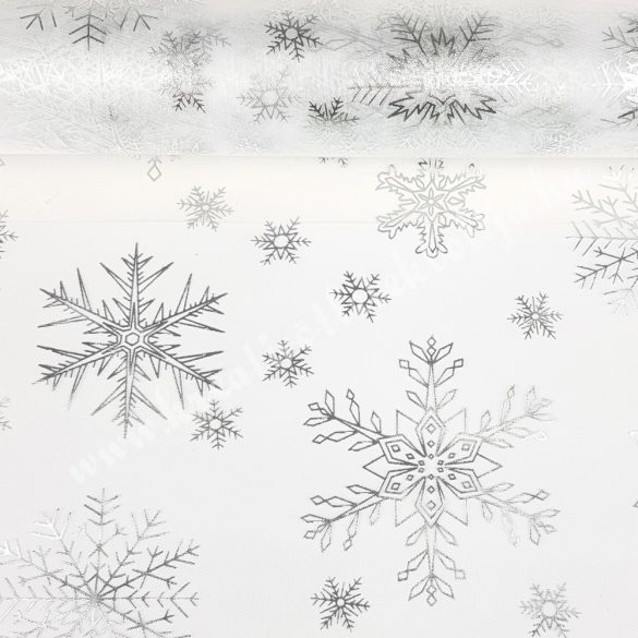 Organza anyag, fehér, ezüst hópelyhekkel 39 cm