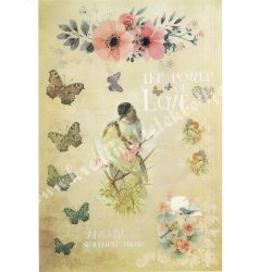   Rizspapír, vintage madarak és pillangók, 22,5x32 cm (0090)