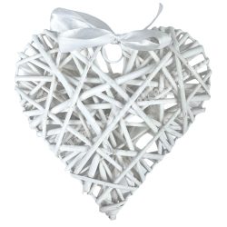 Vessző szív szalaggal, fehér, 19x19 cm