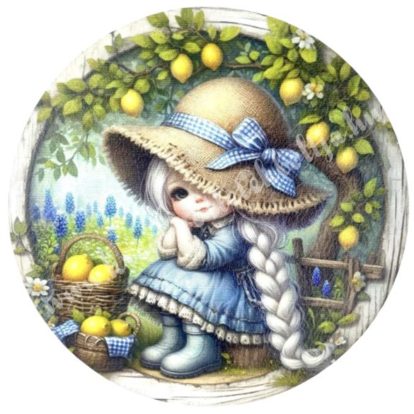 Fa tábla, kerek, kislány citrommal, 11,8 cm