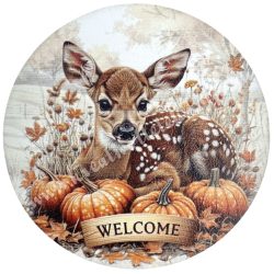Fa tábla, kerek, őzike tökökkel, 11,8 cm