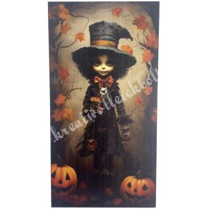 Dekorkarton tábla, kisfiú halloween tökkel, 5x9,5 cm