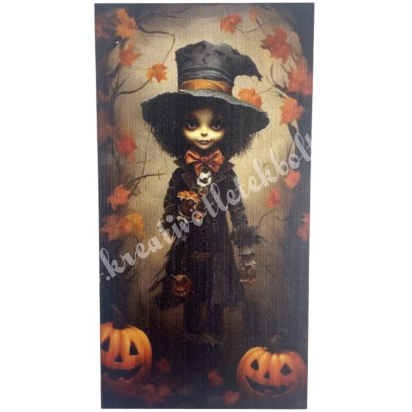 Dekorkarton tábla, kisfiú halloween tökkel, 5x9,5 cm