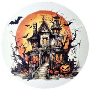 Fa tábla, kerek, halloween kastély, 11,8 cm