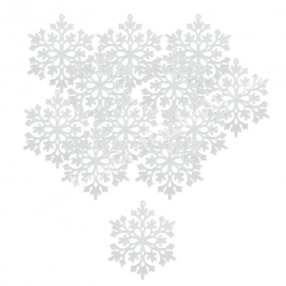 Akasztós hópehely, csillámos, fehér, 10 cm, 12 db/csomag